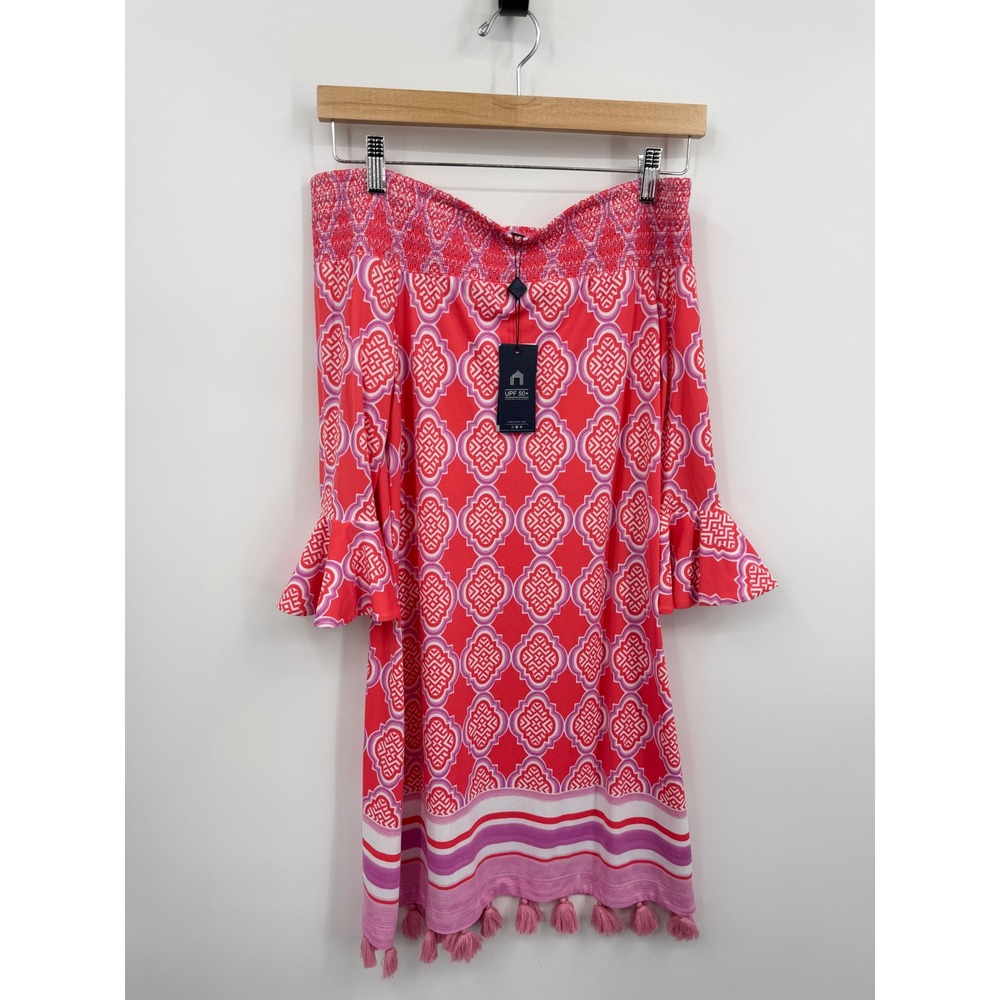 Cabana Life Coral Geo Coverluxe Smocked Dress Women Size S Pink UPF 50+ 706-CG20